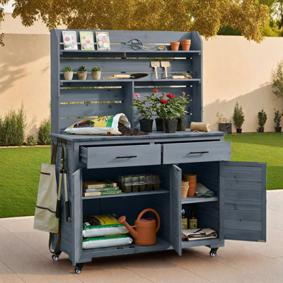 Large Garden Potting Bench with Lockable Wheels and Storage Cabinet, Outdoor Kitchen Island Prep Cart