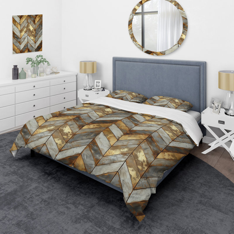 Ensemble de housse de couette à chevron métallique beige et doré Glam I - Glam