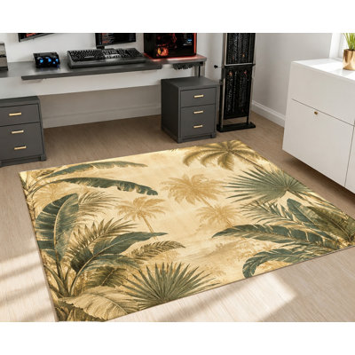 Tapis d'intérieur lavable en machine à motif de feuilles de palmier tropicales avec envers antidérapant, design botanique vintage, idéal pour le salon, la chambre à coucher, la salle à manger, le couloir ou la terrasse.