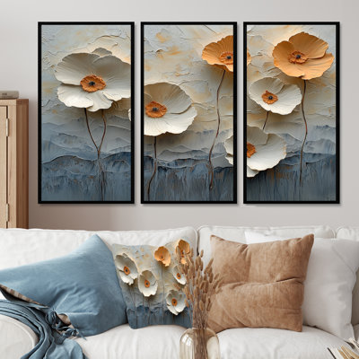 Orange et blanc, floraison des coquelicots II - coquelicots, art mural - ensemble de 3