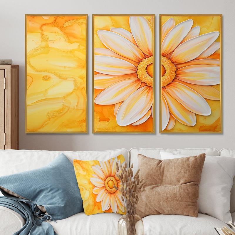 Daisy Bloom Sunset - Daisy Wall Art Print Set, 32" H x 48" W, Floater Framed Print, Gold