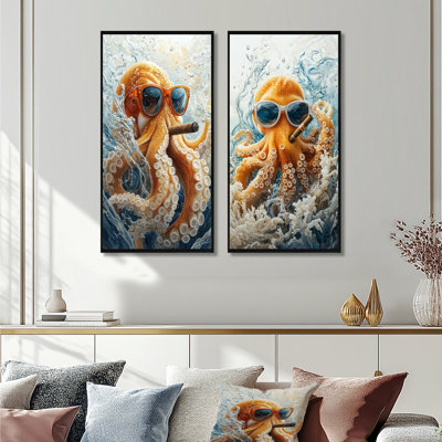 Pieuvre orange avec lunettes fumant dans l'océan I - ensemble de 2 pièces d'art mural poulpe / calmar