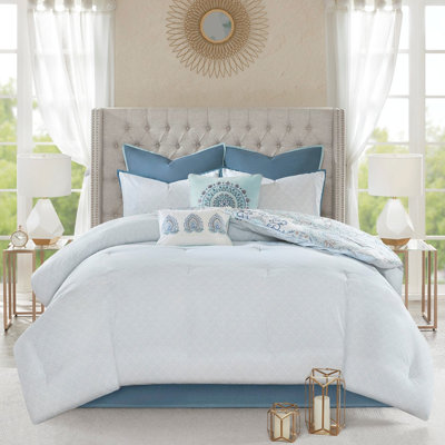 Cotton Comforter Blue Queen 8 Piece - Reversible, Style, No Harmful Substances Isla Reversible , Floral Design,