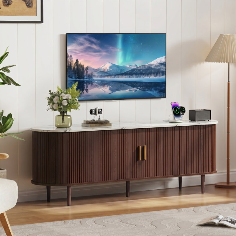 55" Fluted TV Stand With Power Outlet and Adjustable Shelves, Mid Century Modern TV Console, Sliding Doors Entertainment Center and Media Console for TVs 40" - 65"