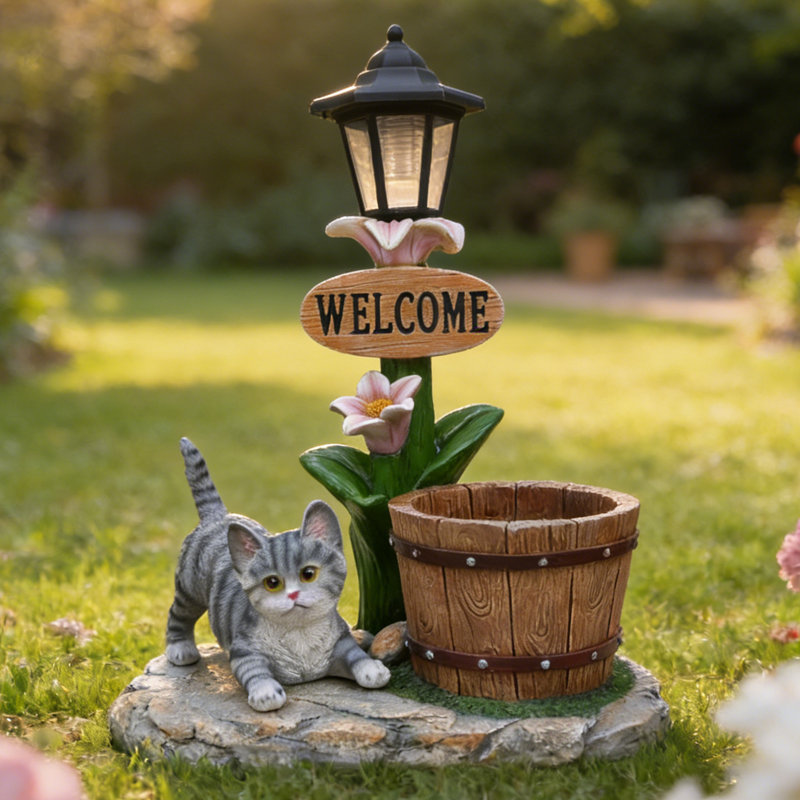 Statue de jardin à énergie solaire pour chat avec pot de fleurs et décoration d'extérieur à lumière DEL