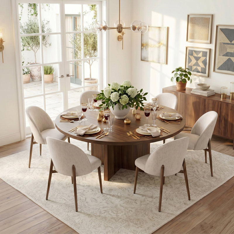 Ensemble de salle à manger 60 "rond en noyer avec 6 chaises rembourrées, Beige