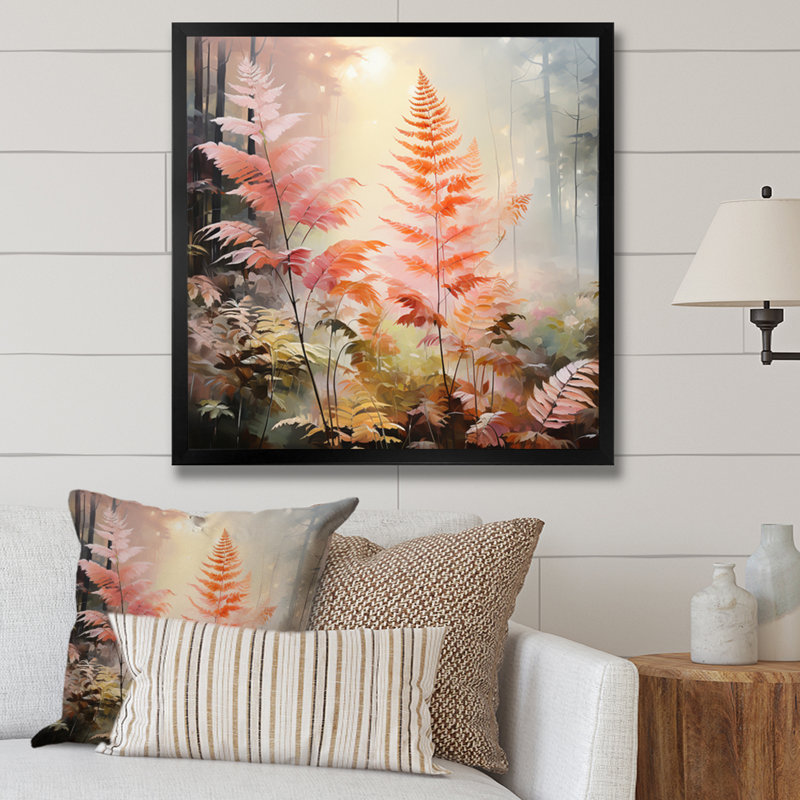 Impression romantique de fougères pêche - Floral, H 36 po x l 36 po x P 1,5 po, Cadre simple noir