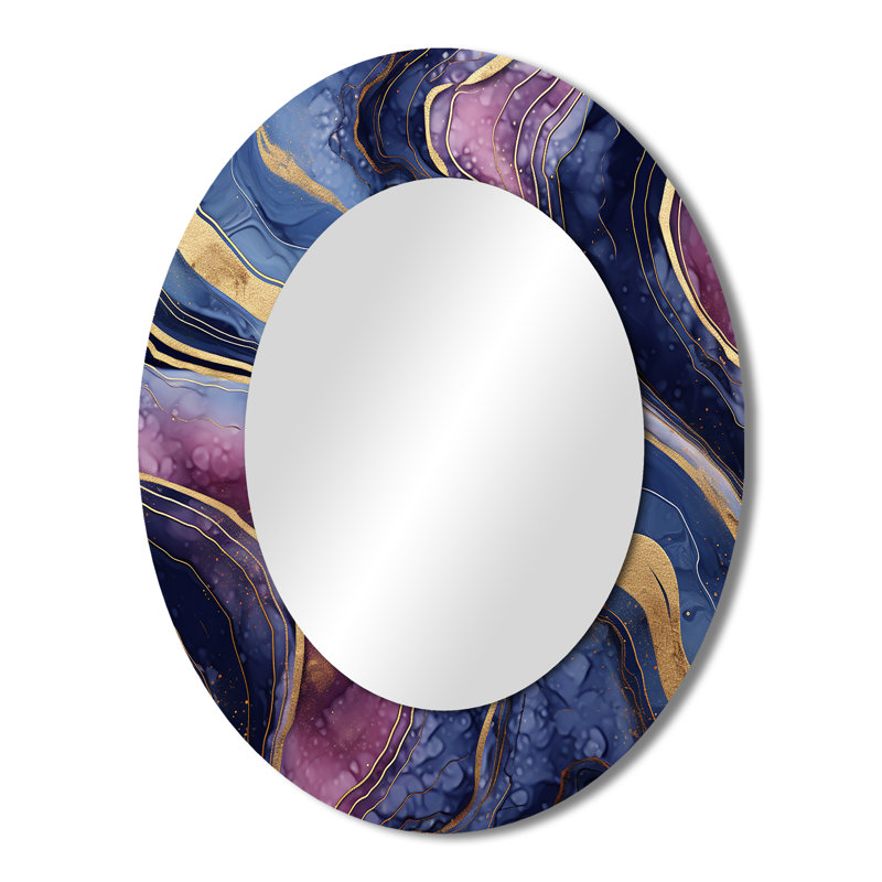 Miroir mural moderne bleu et doré à motif abstrait en marbre Essence III, 43 po x 33 po