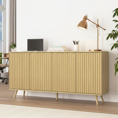 60" Natural Oak 4-Door Office Storage Credenza with Adjustable Shelves & Push-Open Doors