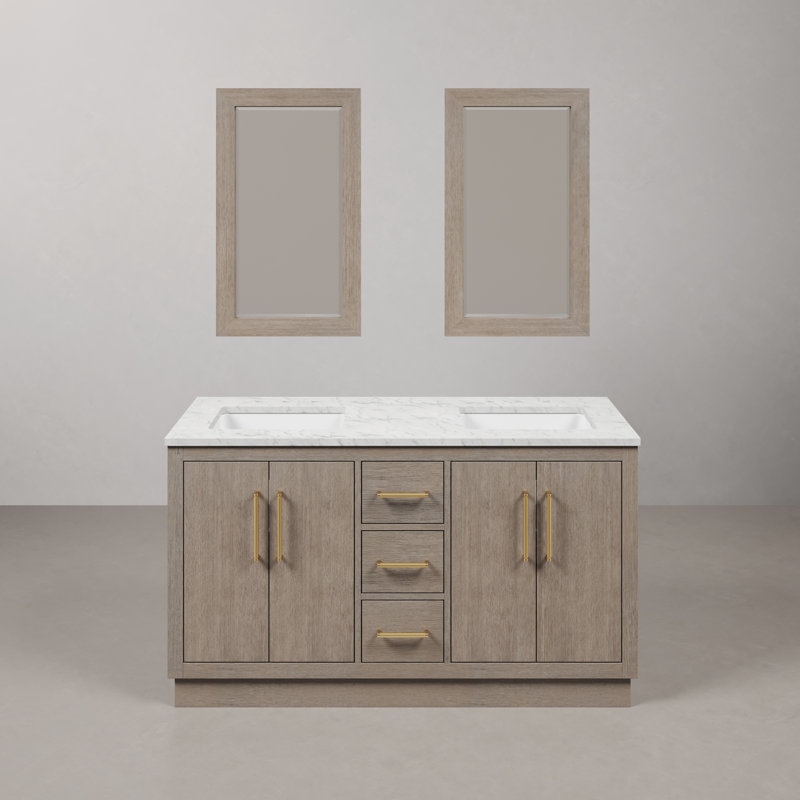 Hugo 60 In. Double Sink Carrara White Marble Countertop Vanity In Grey Oak With Mirrors, Satin Gold
