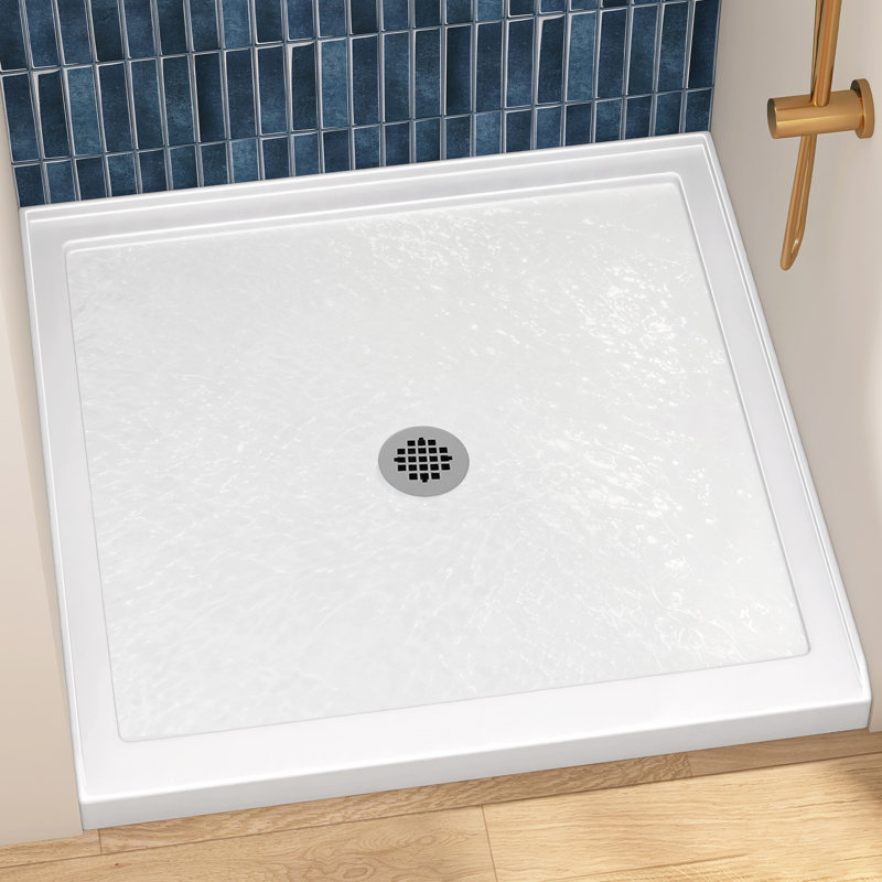 Base de douche à seuil simple L 34 po x l 34 po avec bonde centrale, bac à douche en acrylique renforcé de fibre de verre, plateau de douche blanc brillant avec ensemble de bonde, base de douche à bride carrelée à 3 côtés pour installation en alcôve à 3 murs