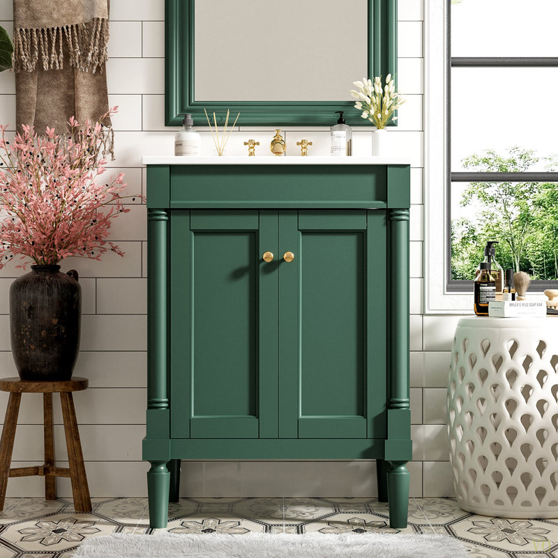 Meuble-lavabo 24 po avec lavabo supérieur, meuble de rangement moderne à 2 niveaux, meuble-lavabo simple, grandes tablettes de rangement