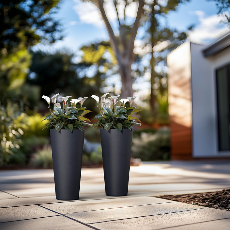 8 In. Medium Concrete Round Planter / Pot With Drainage Holes Set Of 2, Granite Gray