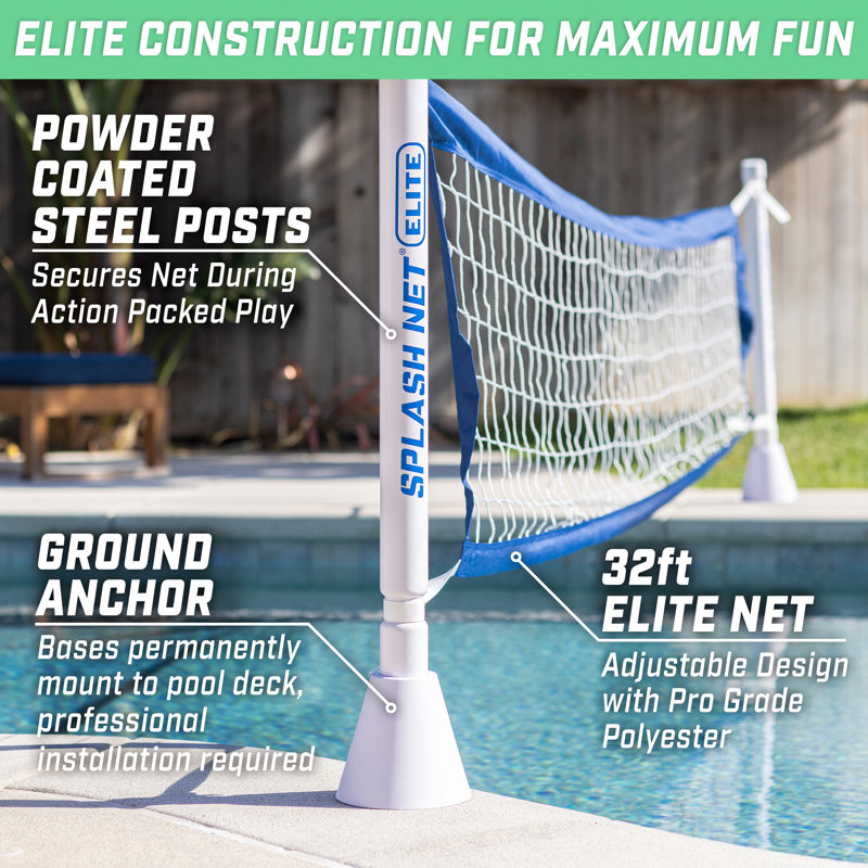 Gosports Deck-Mounted Splash Net ELITE Inground Pool Volleyball Game - Permanent Deck Mounted For Inground Pools