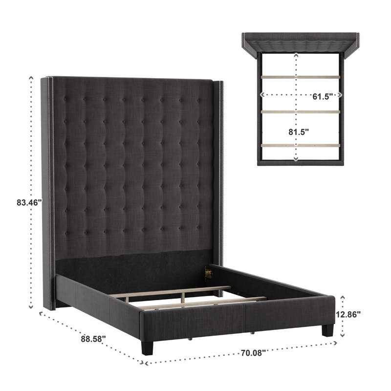 Kaster Upholstered Wingback Bed, Pewter Grey Linen, Queen