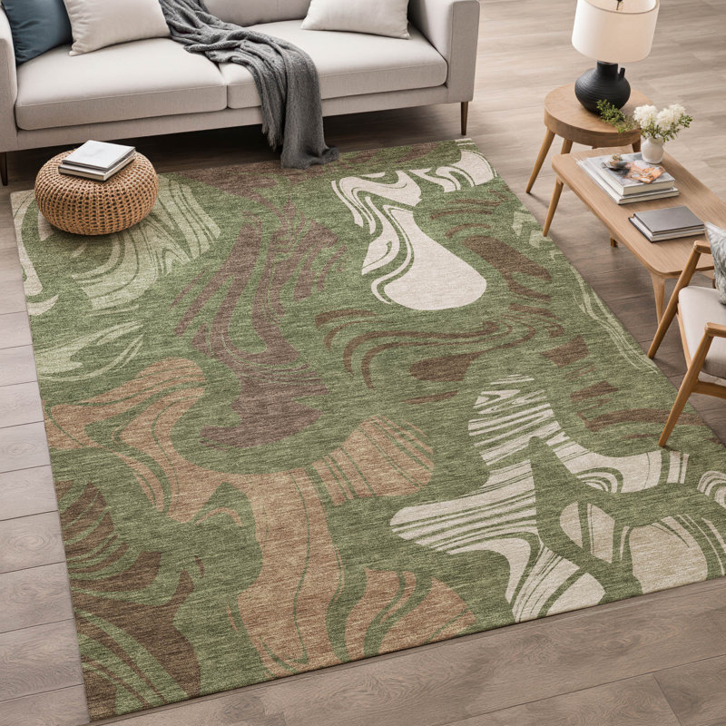 Tapis abstrait lavable à la machine intérieur / extérieur ACN2852, Olive, 5 pi x 7 pi 6 po