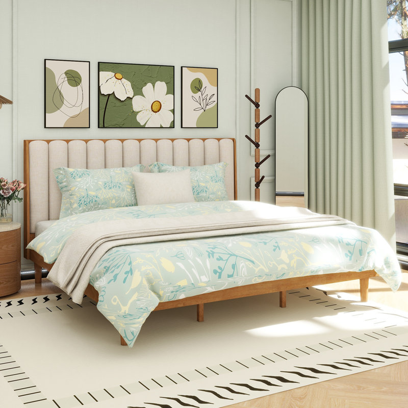 Très grand lit en bois avec tête de lit tapissier de style piano, lit en bois avec cadre de lit renforcé, blé, Très grand