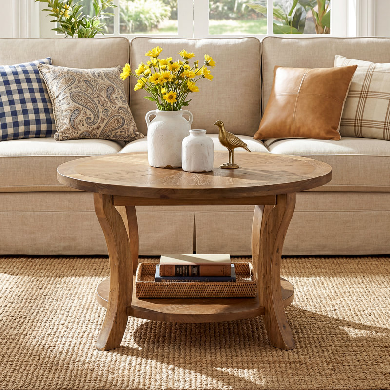 31.5” Round Solid Wood Coffee Table with Lower Storage Shelf, Rustic Natural Finish Living Room Center Table