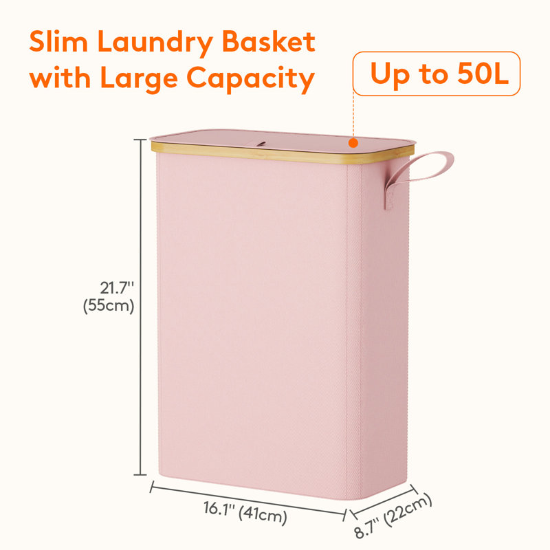 65l Slim Laundry Hamper With Lid, Narrow Laundry Basket With Removable Bag & Bamboo Handles, Fodable Thin Dirty Clothes Hamper For Laundry Collapsible Bin For Bathroom Bedroom Dorm