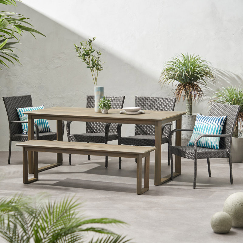 Corbett 6 - Person Acacia Wicker Patio Dining Set with Rectangular Table, Gray