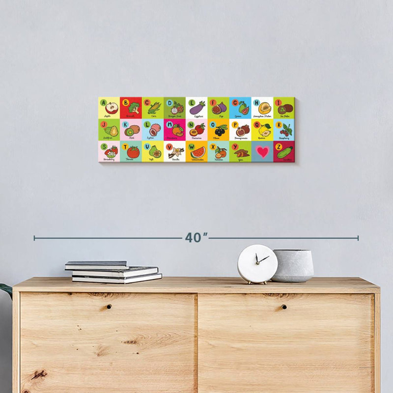 Fruits et légumes, tableau alphabétique sur toile, H 8 po x l 24 po x P 1 po