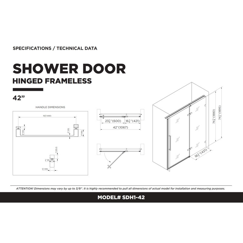 42'' W x 74.25'' H Hinged Frameless Shower Door, Black
