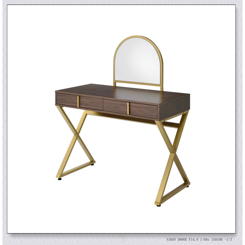 Coleen Vanity Desk With Mirror And Jewelry Tray, Walnut And Gold Finish, Spacious Storage For Cosmetics And Accessories