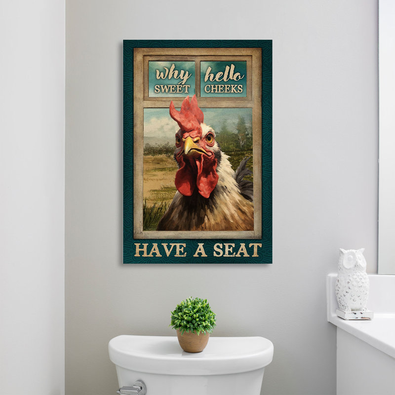 Le coq - pourquoi, bonjour, ayez un siège, toile tendue avec châssis - décor d'illustration de salle de bain et de lessive, rouge et jaune, décor de salle de bain