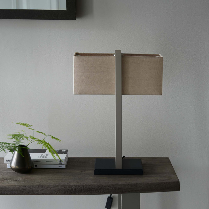 Quellenhof 50cm Bed Side Table Lamp Floor and Table Lamp Base Set with USB and Outlet, Satin Nickel Base/Natural Shade