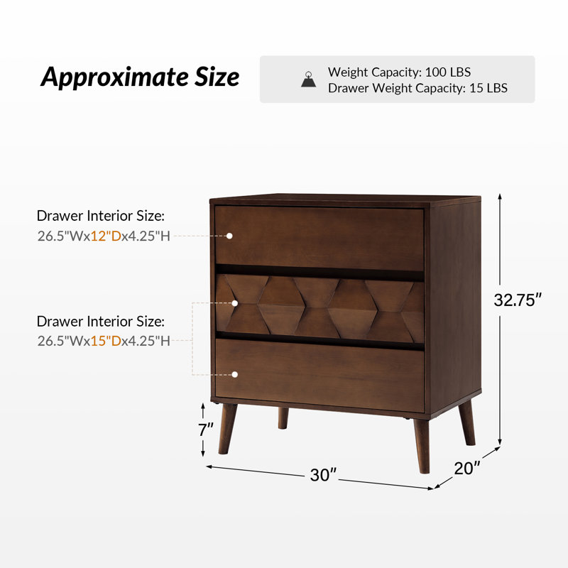 Haney 30''W Mid-Century Modern 3 - Drawer Dresser with Built-in Charging Staion and Solid Wood Legs, Walnut