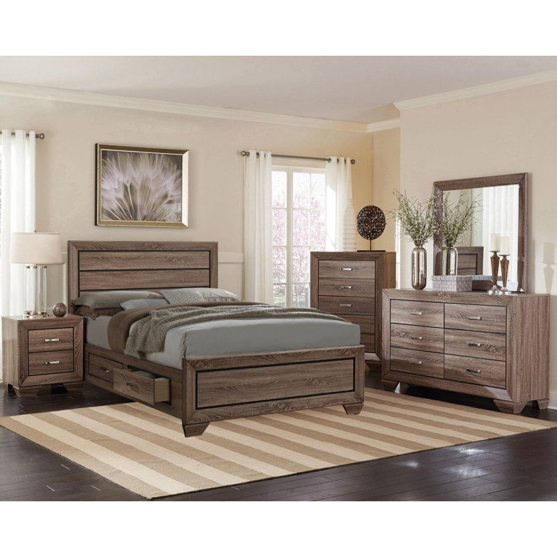 Ensemble de chambre à coucher, Très grand californien, Brun, 5 pièces : lit, table de chevet, commode, miroir