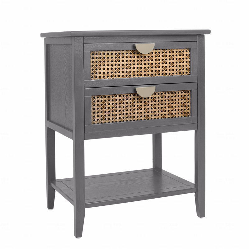 2 Drawer Side Table,Naturel Rattan,End Table, Gray