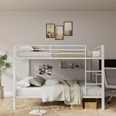 Full Over Full Bunk Bed, Heavy Duty Metal Bunk Bed Frame With Built-in Ladder And Safety Guard Rail, Low Metal Bunk Bed Frame For Kids, No Boxspring Required, For Small Spaces, White