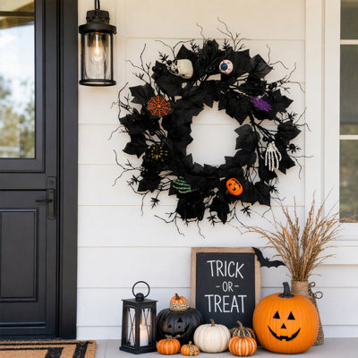 19.6 Inch Black Halloween Wreath for Front Door, Artificial Maple Leaf Wreath with Skull, Spider, Pumpkin, Eyeball and Skeleton Hand Accents for Indoor Outdoor Decor