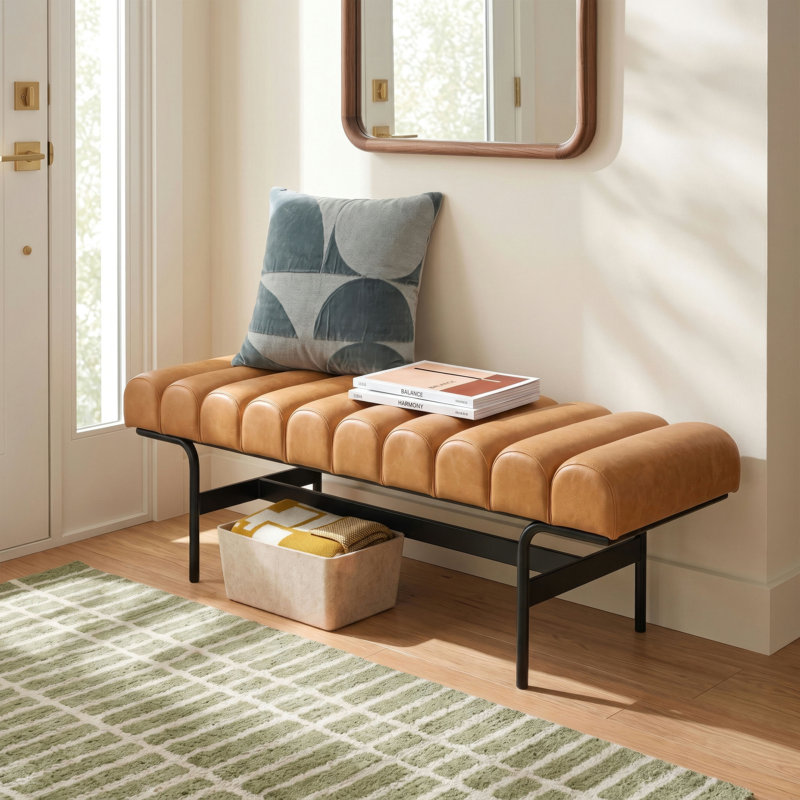 Penina Upholstered Bench, Tan Top Grain Leather