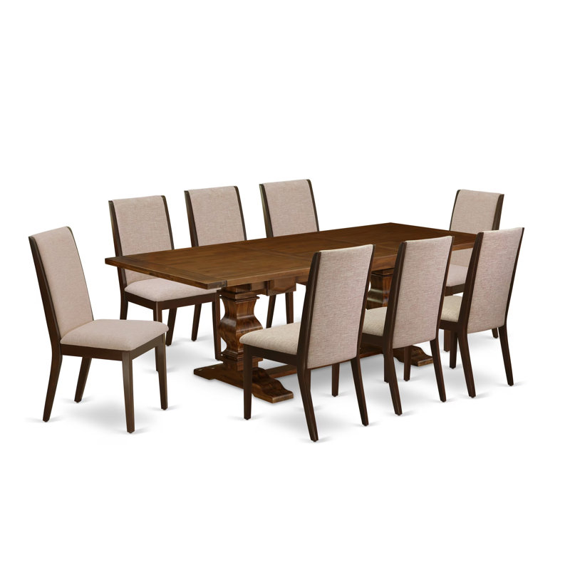 L'ensemble de table de salle à manger 5 pièces comprend une table de cuisine rectangulaire avec rallonge amovible et 4 chaises de salle à manger Parsons en tissu gris, patiné Jacobean