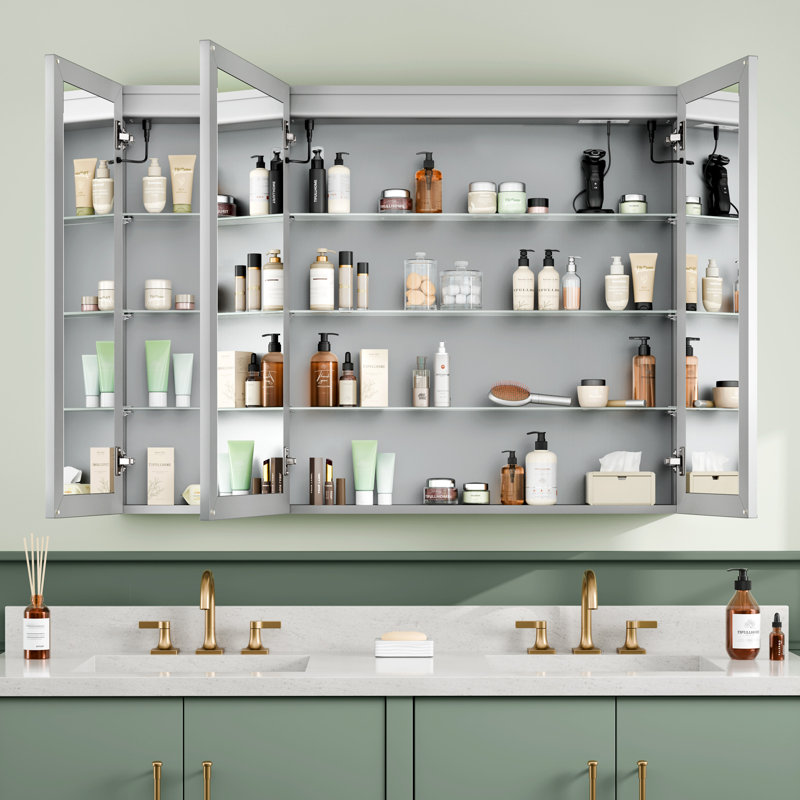 Tempered-Mirror Medicine Cabinet with Lights, Modern Edge-Lit Strip, Plug-in/Hardwired, Anti-Fog/3 Colors/Dimmable, Outlets&USBs, ETL Listed, Surface Mount/Recessed
