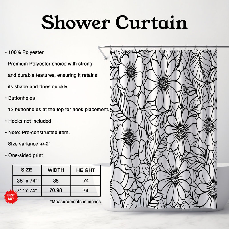 Monochrome Floral Patterns - 1 Piece Standard Shower Curtain, 74" H x 71" W