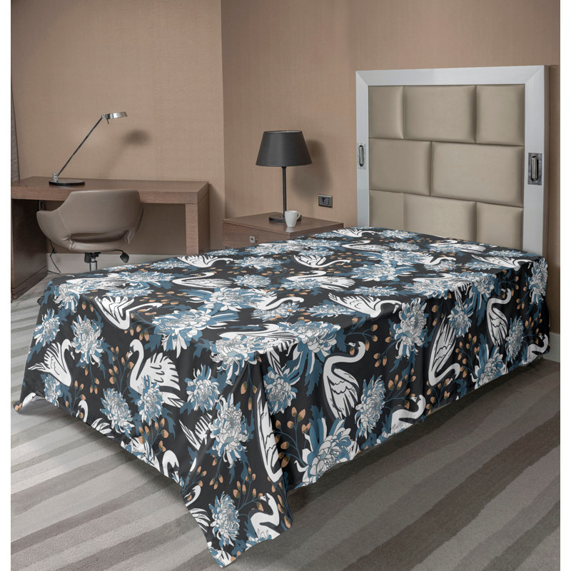 Drap plat Ambesonne, Drap plat pour lit simple, Brun clair, bleu ardoise, blanc / floral