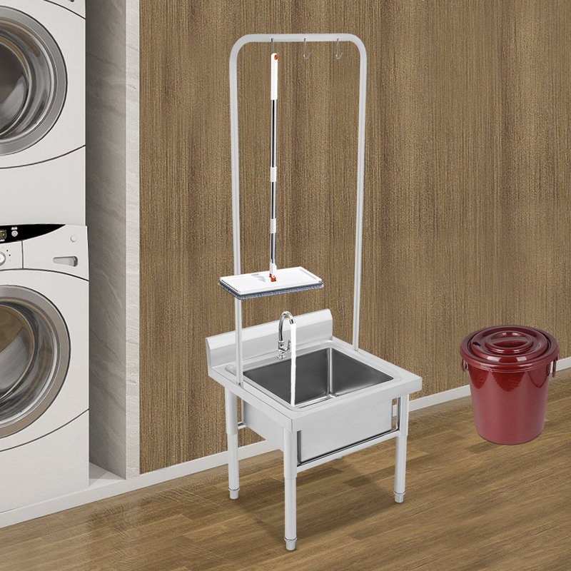 Lavabo de lavabo autoportant en acier inoxydable avec robinet et tuyau d'évacuation