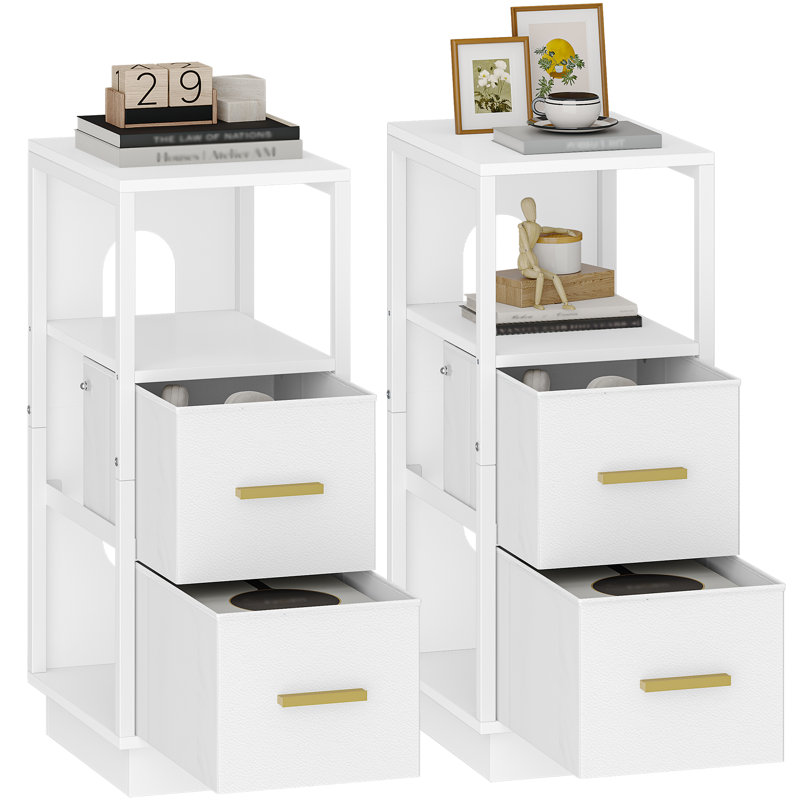 Slim Bedside Tables Set of 2, Side End Table with 2 Fabric Drawer, Metal Frame Bedside Cabinet with Open Compartment, Narrow Nightstand for Bedroom, Livingroom 