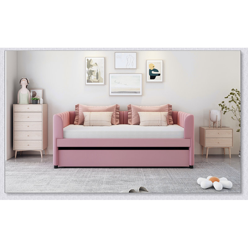 Upholstered Daybed With Ergonomic Design Backrest And Trundle, Pink