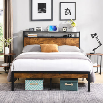 King Size Metal Platform Bed Frame With Wooden Headboard And Footboard With USB LINER, No Box Spring Needed, Large Under Bed Storage, Easy Assemble