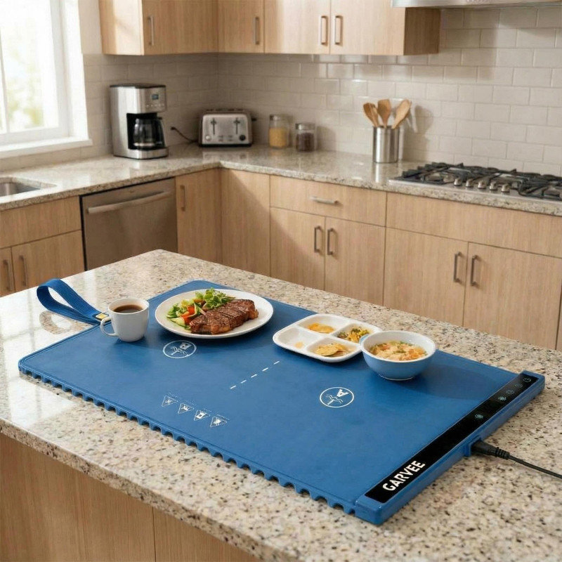 2-Zone Heating Food Mat 24"x15", Rollable Warming Mat with 6 Temp Settings & Timer for Meals, Blue