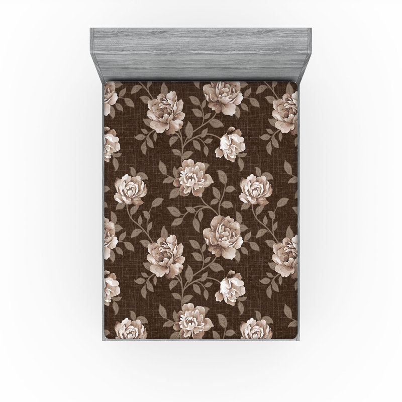 Drap-housse à motif floral Ambesonne, Brun, terre d'ombre / floral, Drap-housse grand