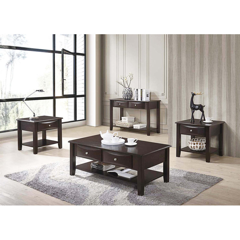 Ensemble de tables d'appoint 4 pièces au fini espresso avec table basse et console 2X Tables de bout avec tiroirs classiques en bois