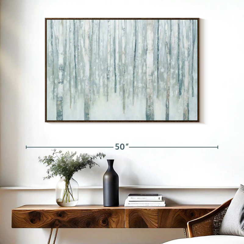 Bouleaux en bleu-gris d'hiver, Cadre flottant en noyer, 40 po x 27 po