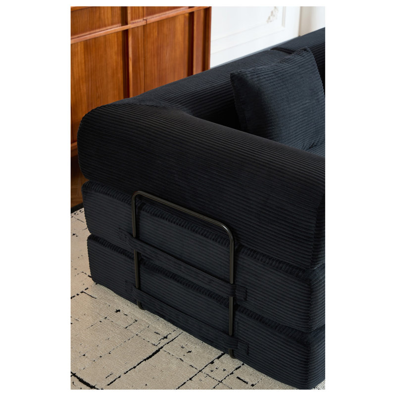 Towin 77.95" W x 35.43" D x 26.77" H Corduroy 4-in-1 Convertible Sleeper Sofa Bed, Black Corduroy