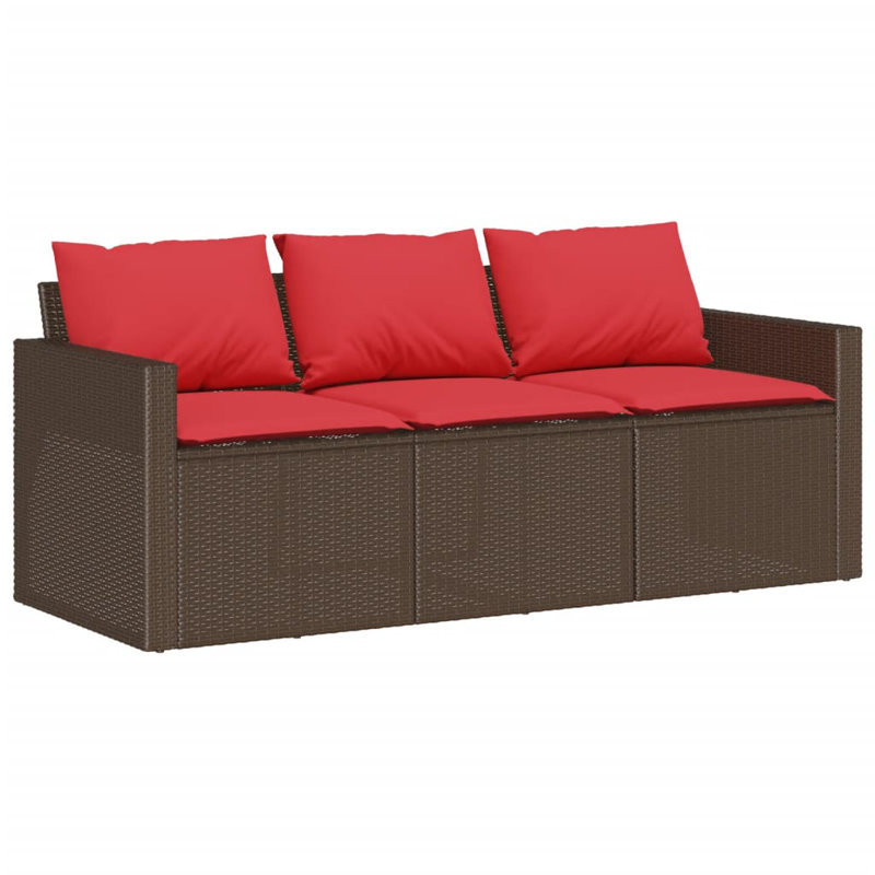 Ebern Designs Patio Sofa With Cushions 3-Seater Poly Rattan, Red, Brown