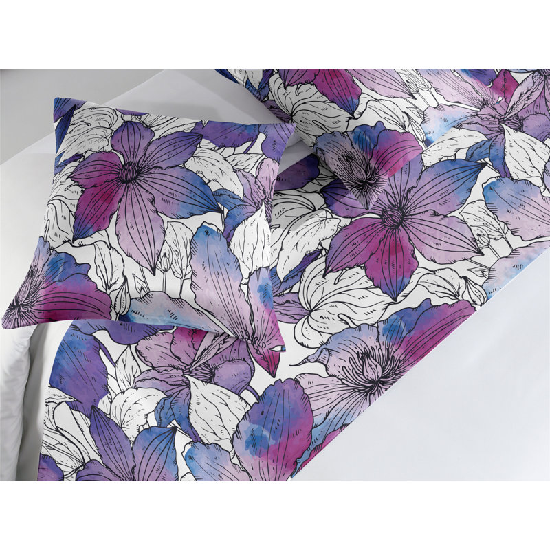 Ambesonne Watercolor Floral Bed Runner Set Clematis Flowers Blue Magenta Violet, King